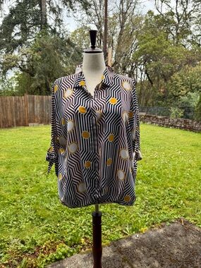 Alfani Black & White Geometric Button-Down Shirt with Yellow Dot Accents